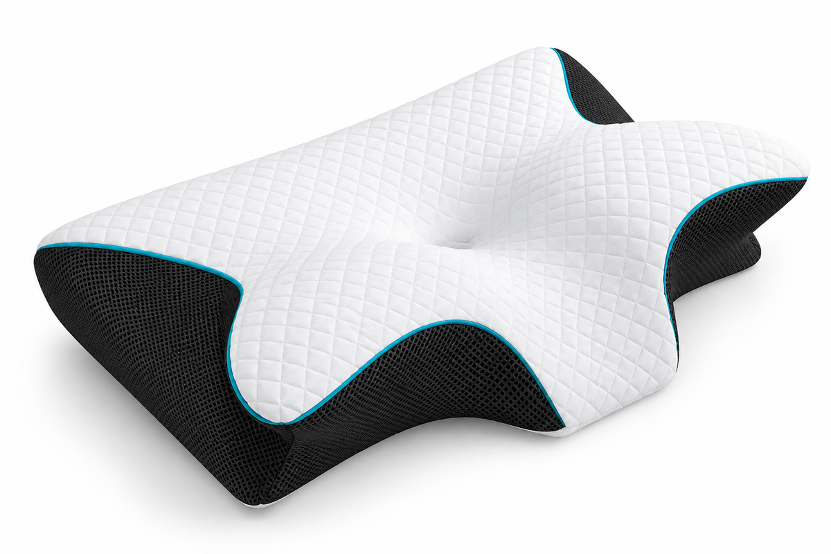 Almohada Mariposa Ergonomica en angulo, detalle de la malla transpirable