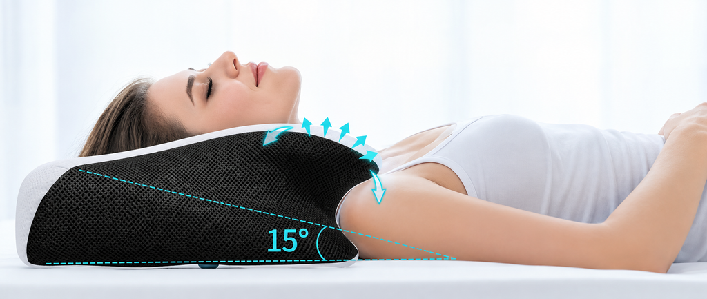 Almohada Mariposa Ergonomica en uso, angulo de soporte cervical de 15 grados